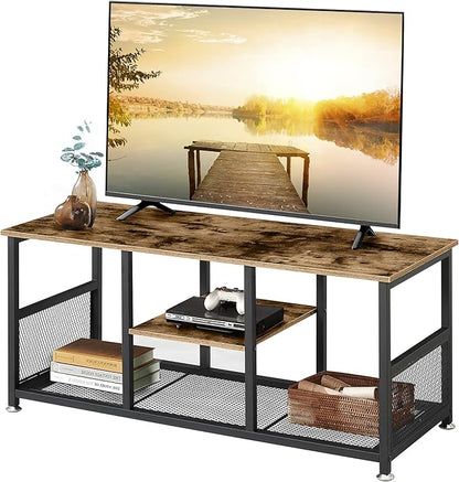 VECELO TV Stand Up to 50 Inches, 39 Inch Industrial Entertainment Center Media Console with Open Storage Shelves, Wooden Coffee Table with Metal Frame, Brown