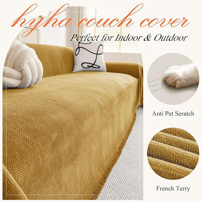 hyha Couch Cover for Dogs, Boho Sofa Covers for 3 Cushion Couch Washable, Chenille Sofa Slipcover for Pets, Soft Loveseat Sectional Couch Throw Blankets with Tassels (Yellow, 71x134 Inch)