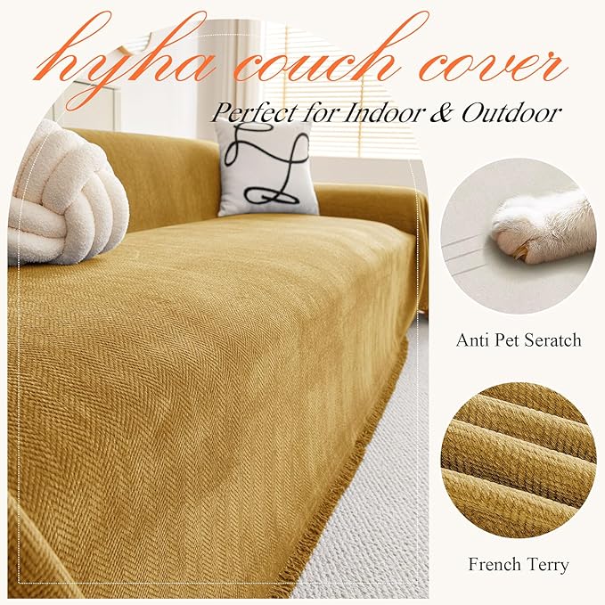 hyha Couch Cover for Dogs, Boho Sofa Covers for 3 Cushion Couch Washable, Chenille Sofa Slipcover for Pets, Soft Loveseat Sectional Couch Throw Blankets with Tassels (Yellow, 88.5x134 Inch)