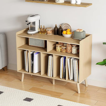 ChooChoo Record Player Stand, Turntable Stand with Vinyl Storage, Record Player Cabinet Up to 350 Albums, Cube Storage Organizer for Living Room, Natural