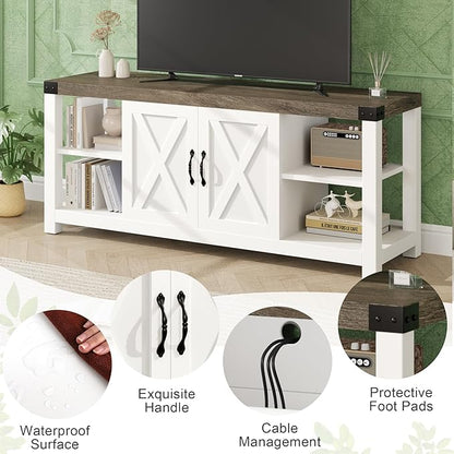 TV Stand for 65 Inch TV, 60 Inch Entertainment Center with Storage, Farmhouse TV Console Table with Shelves, Wooden Media Console Cabinet with Doors, Modern TV Stand for Living Room, Bedroom - White