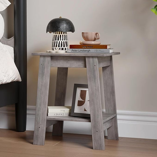 End Table with Double Storage Shelves, Small Space Side Table for Farmhouse Bedroom, Studio Apartment, Entryway, Grey