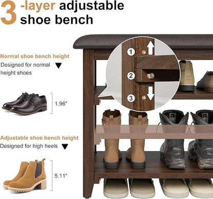 Wooden Shoe Bench Storage with Leather Cushion, Rustic Solid Wood Entryway Bench with 3-Tiers Height Adjustable, Shoe Rack Front Doors Entrances for Hallway Living Room,Mudrooms (Brown,47.2")