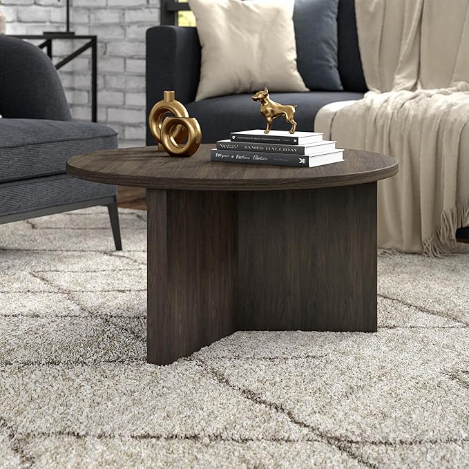 Henn&Hart 32" Round Wood Pedestal Coffee Table for Living Room, Family Room, Office, or Apartment, Alder Brown