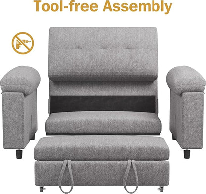 Vipbear 58" Convertible Sofa Bed, 3-in-1 Pull Out Sleeper Sofa with USB Ports & Adjustable Backrest, Loveseat with Side Pocket for Living Room, Apartment, Tool-Free Assembly, Chenile Light Grey
