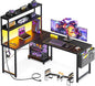 ODK 53 Inch L Shaped Desk with LED Lighting, Reversible Gaming Desk with Power Outlets, Cornor Computer Table with Storage Shelves & Bag & Iron Hook, Home Office Table for Writing, Study, Black
