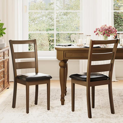 COLAMY Upholstered Dining Chairs Set of 6, PU Leather Ladder High Back Dining Room Kitchen Side Chair with Adjustable Foot Pegs, Dark Brown
