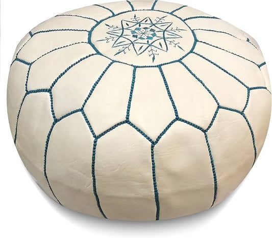 Stuffed Round Design Moroccan Leather Pouf Ottoman, Handmade, Pre-Filled, 100% Genuine Leather, 13” Height x 20” Diameter, Footstool & Living Room Décor (White with Blue Stitches)