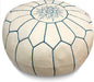 Stuffed Round Design Moroccan Leather Pouf Ottoman, Handmade, Pre-Filled, 100% Genuine Leather, 13” Height x 20” Diameter, Footstool & Living Room Décor (White with Blue Stitches)
