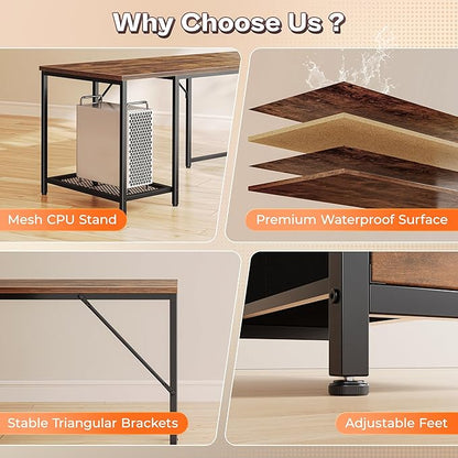 PRAISUN 66 Inch L Shaped Computer Desk with Power Outlets and LED Lights, Home Office Desk with Fabric Drawers and Print Stand, L Shape or Long Set up, Monitor Stand, Mesh CPU Stand, Rustic Brown