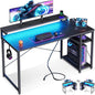 MOTPK 48 Inch Gaming Desk with Storage & Led Lights, Computer Desk with Power Outlet & Shelf, Reversible Gamer Desk with Adjustable Monitor Stand, Carbon Fiber Texture Black