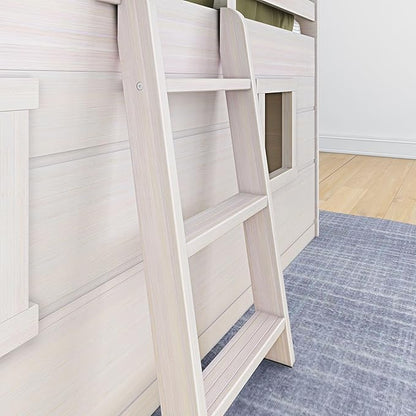 Max & Lily Modern Farmhouse Twin Low Loft Bed with Two Windows - Solid Wood, 15” Guardrails, 400-lb Capacity, Low-VOC Finish, White Wash