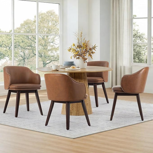 Wooden Dining Chairs Set of 4, Faux Leather Upholstered Modern Dining Room Chairs with Barrel Backrest & Double-Layer Thick Cushion for Living Room, Restaurant, Kitchen and Café, Brown, 2 Boxs