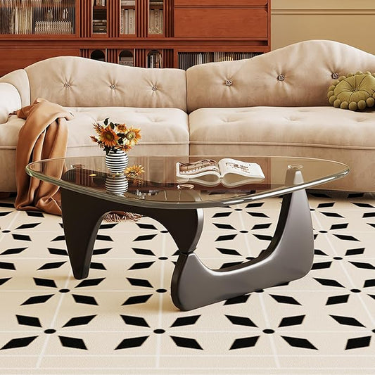 Glass Coffee Table for Living Room Mid Century Modern Triangle Center Table with Wooden Base, Transparent/Black