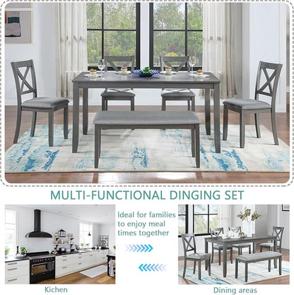 KEIKI 6-Piece Standard Height Dining Table Set with Rectangular Table, 4 Upholstered X-Shaped Backrset Chair, Bench, for 6 Person, Modern Style Table Set, Easy Assembly, for Kitchen, Dining Room, Gray