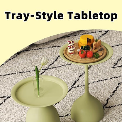 hitsuki Green Nesting Coffee Table Set of 2 Funky Colorful Round Metal End Side Tables for Living Room Sofa Retro Modern Pedestal nightstand Cute Matte Cream Green Side Table