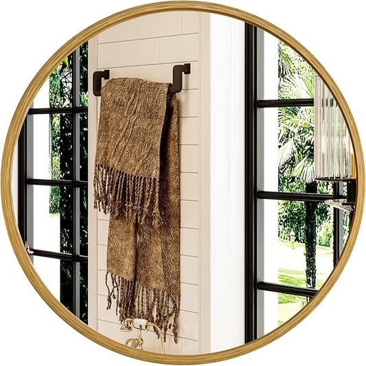 Growsun 24 inch Retro Gold Round Mirror Circle Wall Mirror for Bathroom Vanity, Entryway Living Room with Metal Frame for Home Decor