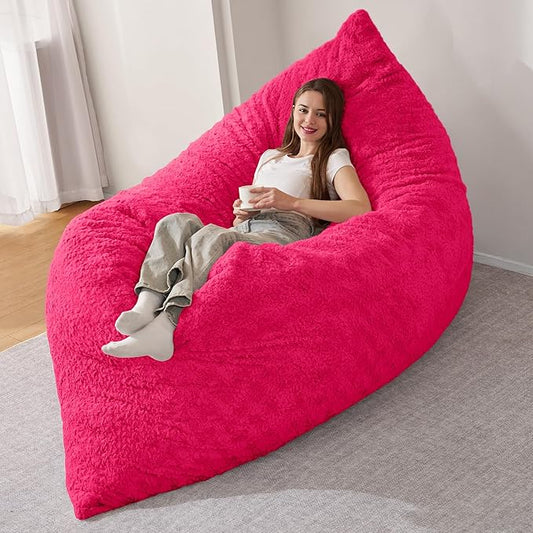 HABUTWAY 4 in 1 Bean Bag Chair, Giant Memory Foam Filling Bean Bag Sofa, Adult Bean Bag Chair, Machine Washable Faux Fur Cover, Bean Bag for Adult (Rose Red)