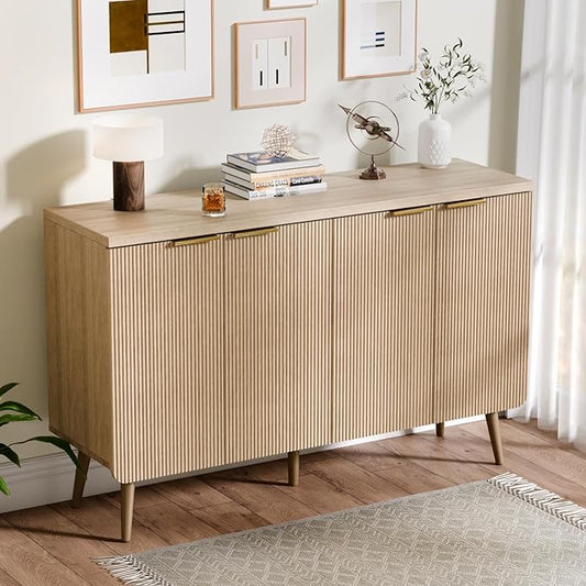 47.2" Buffet Cabinet with 4 Doors, Accent Sideboard Cabinet with Adjustable Shelf, Dining Room Sideboard with Waveform Panel, Credenzas for Living Room, Hallway, Natual Oak