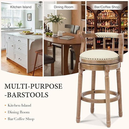 CozyRain Bar Stools Modern Swivel Barstools,Kitchen Counter Genuine Leather Upholstered Vintage Barstool for Home Kitchen Dining Room (Beige, Seat Height 29.5 in)