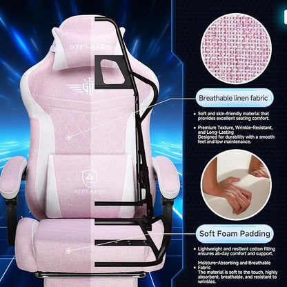GTPLAYER Gaming Chair, Video Game Chairs with Footrest and Lumbar Support, Computer Chair for Adults with Extended Backrest, Ergonomic Reclining Silla Gamer, Linen Fabric, Pink