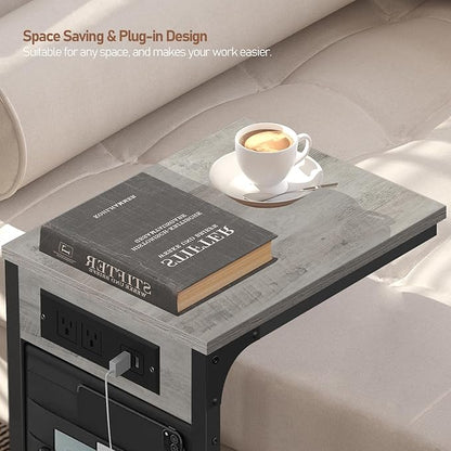 TUTOTAK C Shaped End Table with Charging Station, Side Table for Sofa, Couch Table with Storage Bag, Set of 2, TV Tray Table with 2 USB Ports and Outlets for Living Room, Bedroom, TB01BG0242