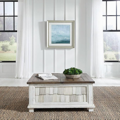 Liberty Furniture River Place Living Room Opt 3 Piece Set - Lift Top Cocktail Table, 2 End Tables - Riverstone White & Tobacco