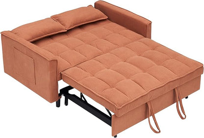 Ball & Cast Convertible Sofa Bed,Loveseat Sleeper Sofa W/Pull-Out Bed,Convertible Pull Out Couch W/2 Pillows,Adjustable Backrest&Side Pocket,Corduroy Futon Couches for Living Room,Apartment,Orange,54"