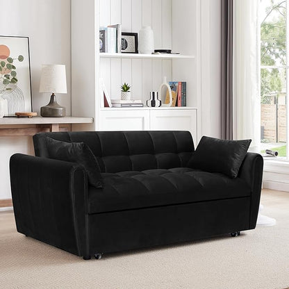 Ball & Cast 65" 3 in 1 Large Sleeper Sofa Bed,Velvet Upholstered Pull Out Couch with Adjustable Backrest&2 Pillows,Convertible Futon Sofa-Bed W/Side Pocket,Loveseat Chaise Lounge for Living Room,Black