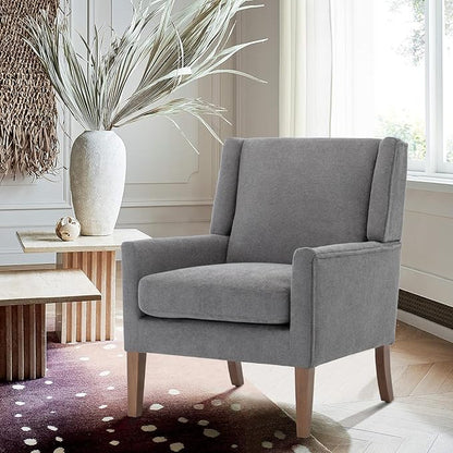 COLAMY Modern Wingback Living Room Chair, Upholstered Fabric Accent Armchair, Single Sofa Chair with Lounge Seat and Wood Legs for Bedroom/Office/Reading Spaces, Gery