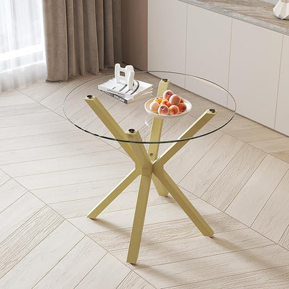 Tempered Glass Dining Table for 2-4, 36 Inch Round Kitchen Table with Gold Metal Legs Modern Dinner Table for Dining Room Kitchen