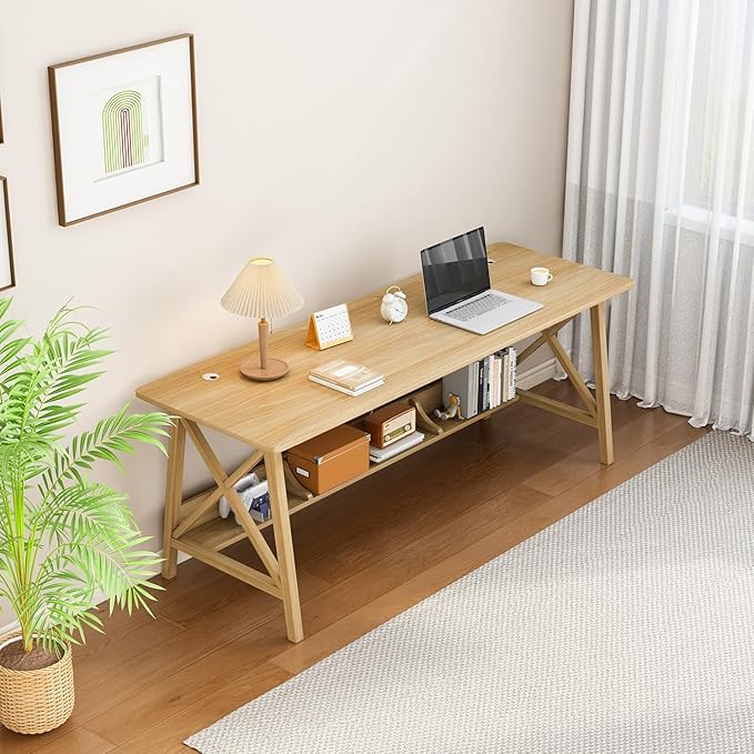 Extra Long Desk with Bookshelf - Wooden Home Office Work Study Table, 2-Person Writing Computer Workstation with Storage Shelf in Oak, 63" Wx24 Dx30 H