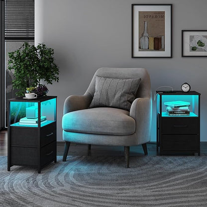 TUTOTAK LED End Table with Charging Station, Nightstand with Cloth Drawer, Side Table with 1 USB Port and 1 Type-C Port, Set of 2, Couch Table, Black TB01BK052L
