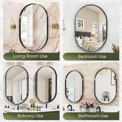 Suidia 26" x 38" Bathroom Mirror, Bathroom Vanity Mirror Metal Framed, Wall-Mounted Mirrors for Bedroom, Living Room, Entryway, Hallway, Black, Oval Style