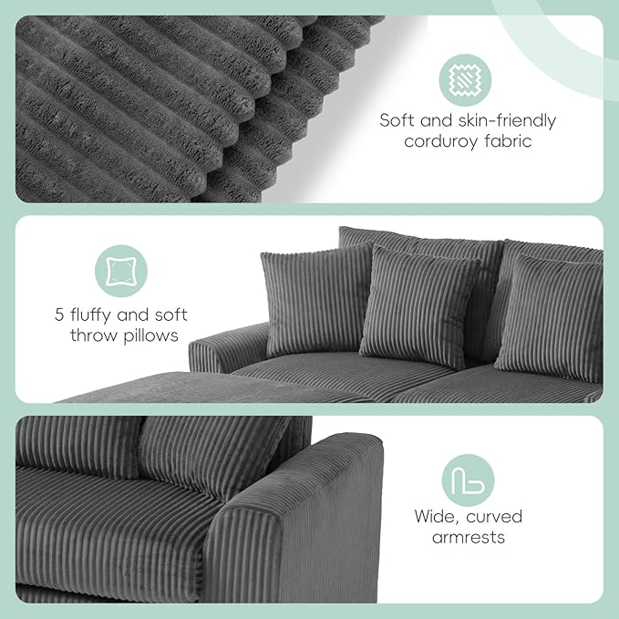 Merax 114 * 64" Corduroy Sectional Couches with Bluetooth Speakers, Storage, Ottoman & Pillows, Upholstered Modular Sofa Chaise with Console, USB Charger, Cup Holders for Living Room Apartment, Grey