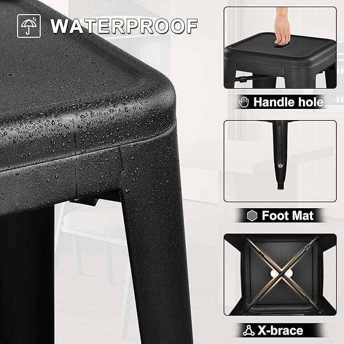30 Inches Metal Bar Stools, High Backless Stools, Indoor Outdoor Stackable Kitchen Stools, Set of 4, Black