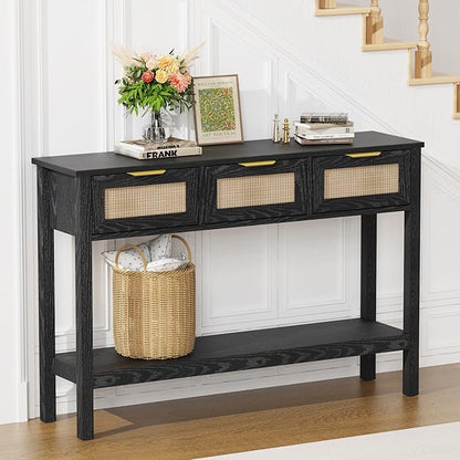 Entryway Table, Boho Console Table with 3 Storage Drawers and Storage Shelf, Sofa Table with Socket, for Entryway, Living Room, Behind Couch and Hallway (Black)