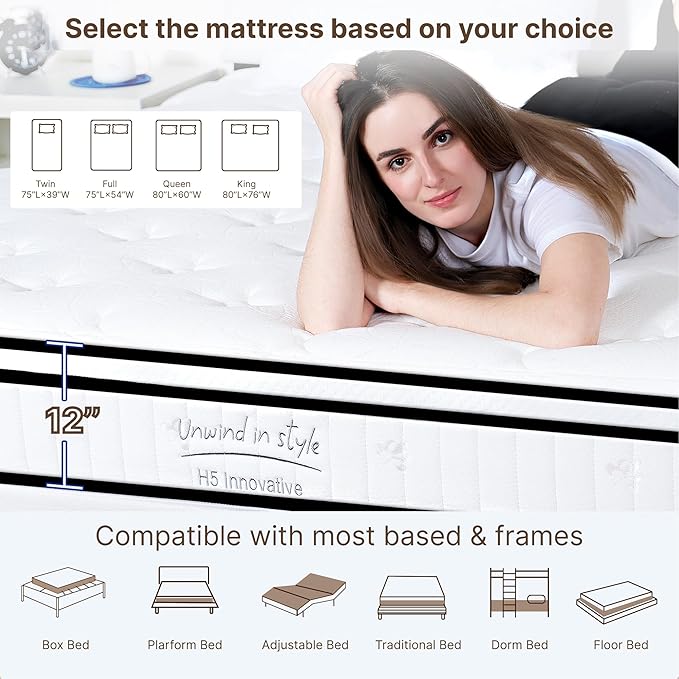 King Size Mattress, 12 Inch Medium Firm Foam Hybrid Mattress with Individual Pocket Springs for Motion Isolation & Edge Support, Mattress in A Box CertiPUR-US Certified