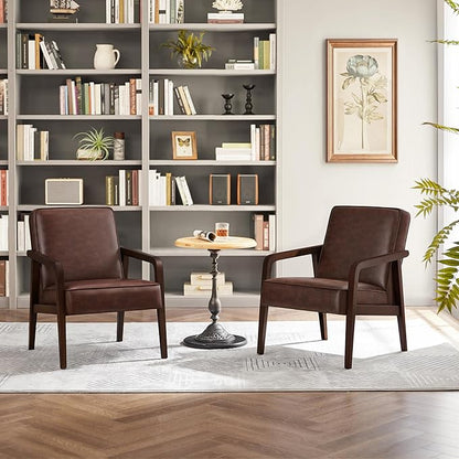 Yaheetech PU Leather Accent Chair, Mid-Century Modern Barrel Chair with Wooden Frame and Soft Thick Padded for Living Room Bedroom Home Office, 2 PCS, Dark Brown