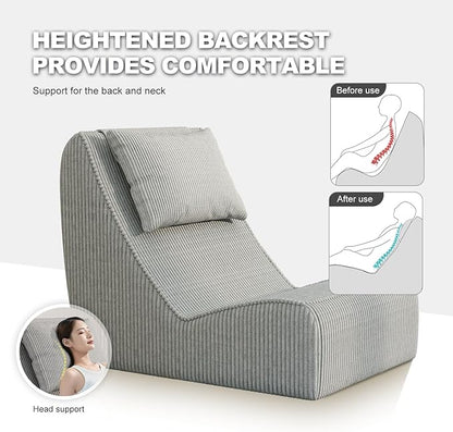 Giant Bean Bag Chair for Adults,Corduroy Chaise Lounge with Unrivaled Back Support, Detachable Neck Pillow, Comfortable Ottoman & Washable Cover for Living Room, Bedroom, Garden (Grey)