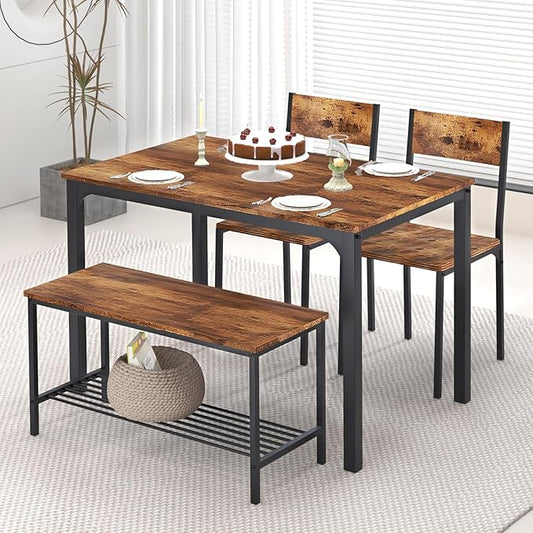 SogesHome 4-Piece Kitchen Table and 2 Chairs for 4 with Bench, Dining Table Set for Small Space, Apartment, Living-Room, Restaurant, Vintage Brown