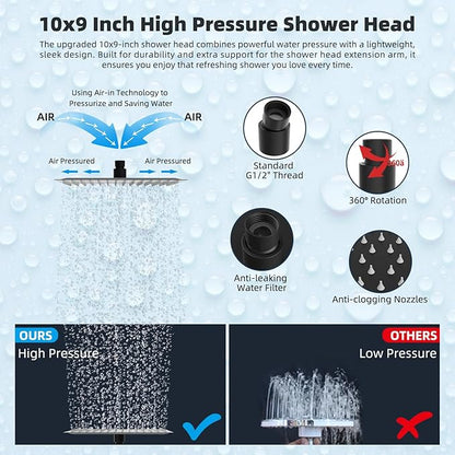 Hibbent All Metal 10'' Rainfall Shower Head, Dual Shower Head Combo, High Pressure Handheld Shower Wand, 16'' Adjustable Arc-shaped Shower Extension Arm, 71'' Hose, Showerhead Holder, Matte Black