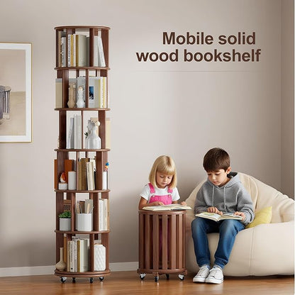 KEIKI 360° Spinning Revolving Bookcase, Solid Wood 6 Tier Rotating Bookshelf with Storage, Narrow Tall Book Rack & Art Deco Bookshelf Organizer, Walnut
