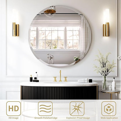 28" Frameless Beveled Round Mirror with 1" Edge for Bathroom, Entryways, Vanity, Wall Decor