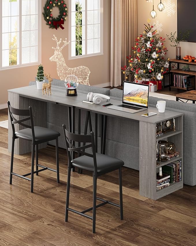 GAOMON 3 Piece Bar Table Set for 2, Bar Table and Chairs Set with with Flip Top Extension, Dining Table Set with Storage Shelves, Suitable for Small Space Kitchen Apartment, Grey