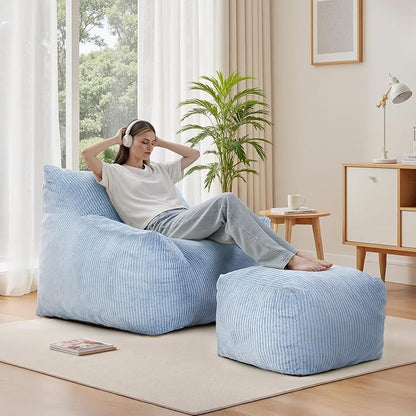 INMOZATA Bean Bag Chair for Adults, 3FT Beanbag Chairs with Ottoman Pre-Filled Fluffy Lazy Chair Corded Fabric Accent Chair for Bedroom Living Room Dorm (Light Blue)