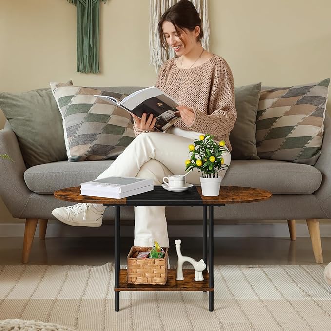 ETELI Small Round Coffee Tables for Small Space Farmhouse Oval Coffee Table with 2-Tier Storage Shelf Circle Center Tea Table for Living