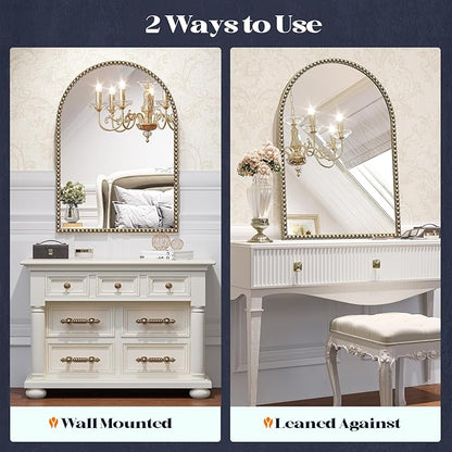 Beaded Arched Mirror for Wall, 24"x38" Gold Arch Bathroom Vanity Mirror, Retro Brass Metal Frame Decorative Mirror for Bedroom Dressing Room Entryway Fireplace