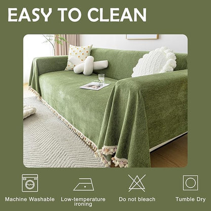 HANDONTIME Green Sofa Cover Vintage Couch Cover for Dogs 71" X134" Couch Cushion Covers with Tassel Herringbone Sofa Cover Boho Sofa Covers for 3 Cushion Couch Chenille Soft Loveseat Sofa Covers