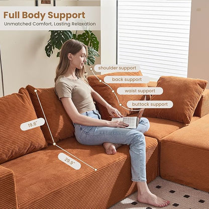 Modular Sectional Sofa, 108" L-Shaped Boneless Couch with Deep Seat, Corduroy Cloud Couch for Living Room, Bedroom, No Assembly Required, Ship in a Box, Orange